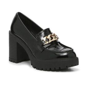 Steve Madden Nakos Heeled Lug Sole Platform Loafers Black Patent Leather 7.5